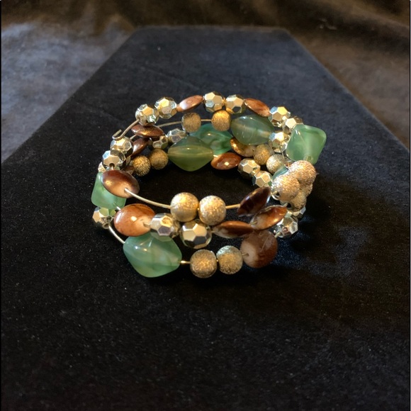 Memory wire fidget bracelet. Gold, sea green, brown assorted shaped beads. - Picture 4 of 4